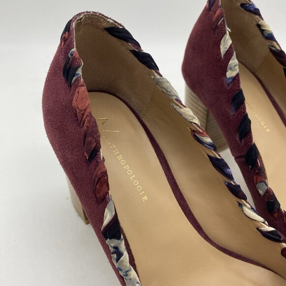 Anthropologie Pointed Toe Pumps 8M Whipstitch Braided Wood Block Heel Suede Wine - Picture 3 of 14